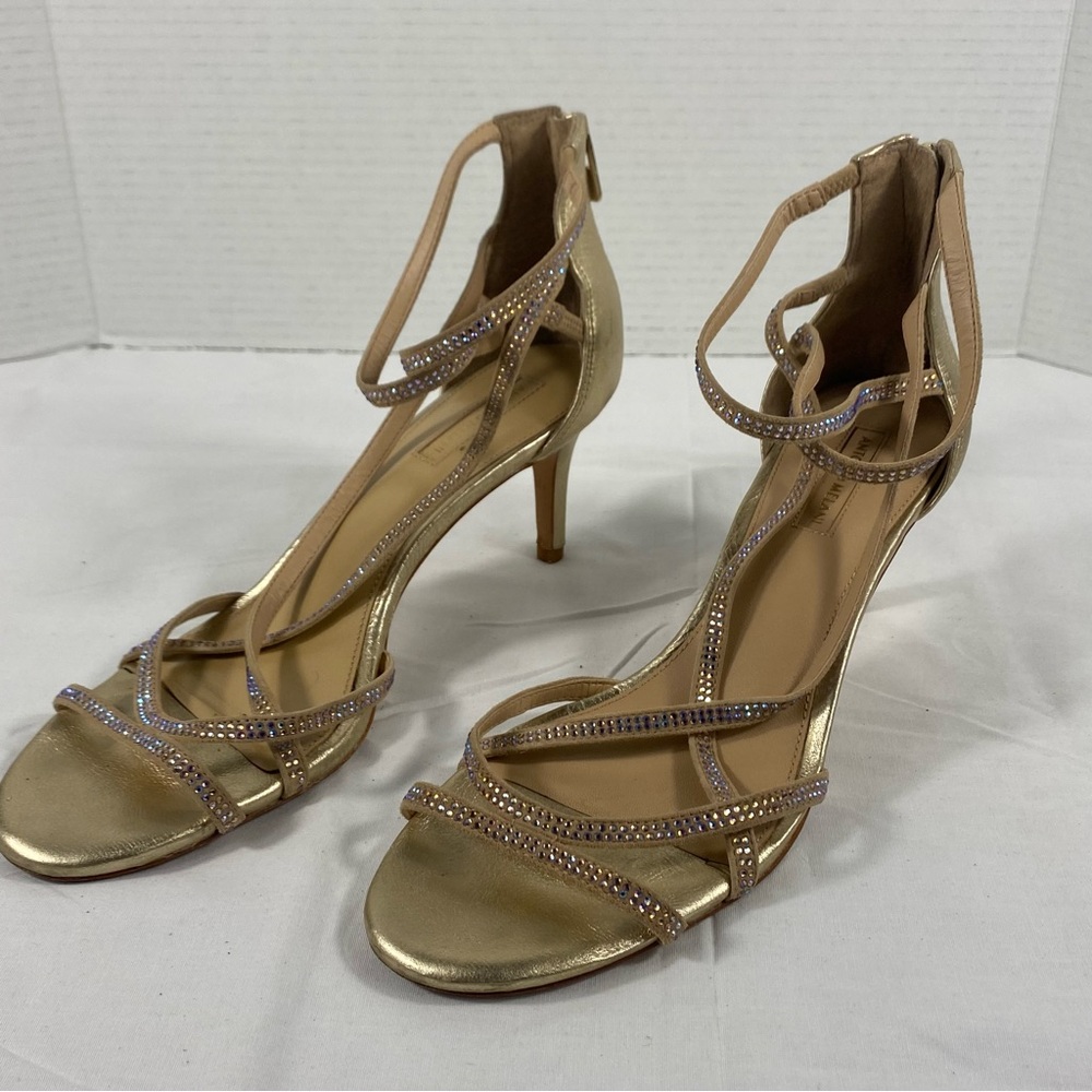 Antonio MELANI High Heel Rhinestone Strappy to Ankle Tan Dress Shoe Zip Back 10M